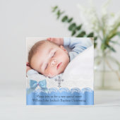 バプテスボーイブルーホワイトレースフォトジェルクロスボウ 招待状 (スタンド正面)