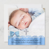 バプテスボーイブルーホワイトレースフォトジェルクロスボウ 招待状 (正面)