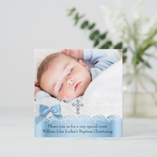 バプテスボーイ写真ブルーホワイトレースジュエルクロス2 招待状 (スタンド正面)