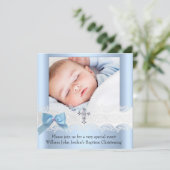 バプテスボーイ写真ブルーホワイトレースジュエルクロス3 招待状 (スタンド正面)