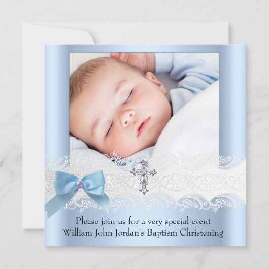 バプテスボーイ写真ブルーホワイトレースジュエルクロス3 招待状 (正面)