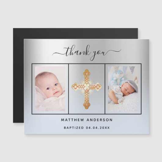 バプテスボーイ銀青写真あなた感謝していの磁石 マグネット招待状 (正面/裏面)