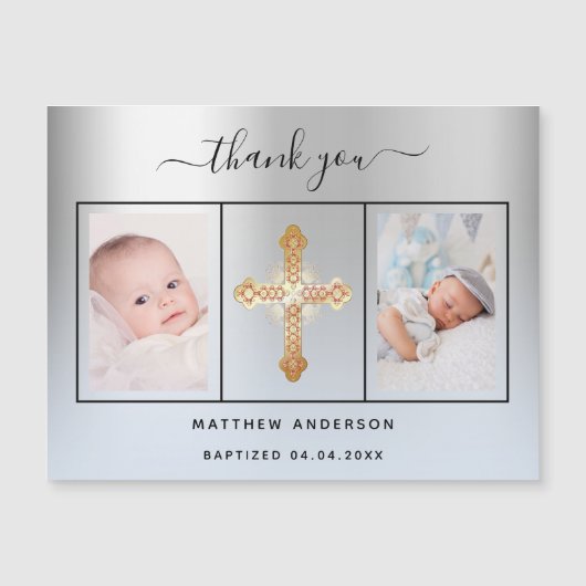 バプテスボーイ銀青写真あなた感謝していの磁石 マグネット招待状 (正面)