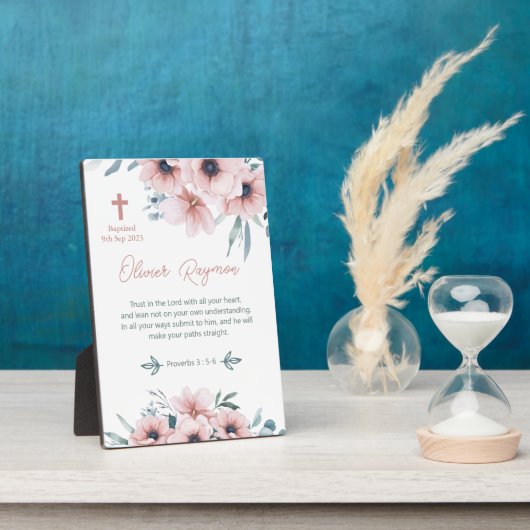 バプテスマかわいらしガールピンクの花 フォトプラーク (側面)