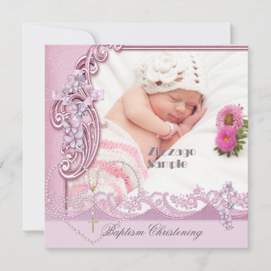 バプテスマかわいらしピンクガール写真バタフライレース 招待状 (正面)