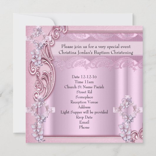 バプテスマかわいらしピンクガール写真蝶クロス 招待状 (裏面)