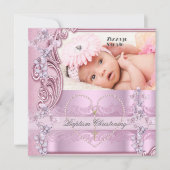 バプテスマかわいらしピンクガール写真蝶クロス 招待状 (正面)
