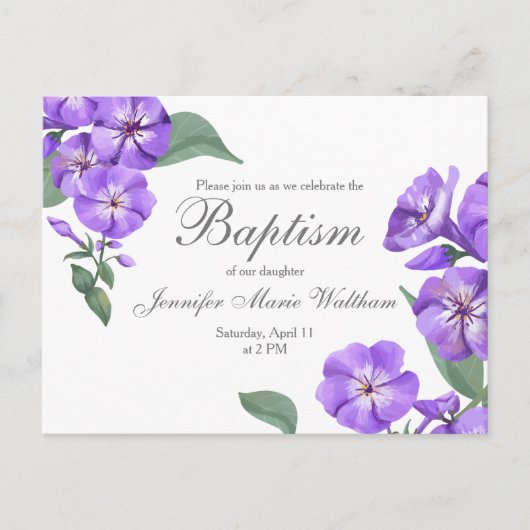 バプテスマかわいらしーパープルフローラ水彩招待状 ポストカード (正面)