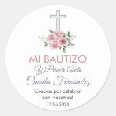 バプテスマとファースト誕生日はピンクのバラを好む ラウンドシール (正面)