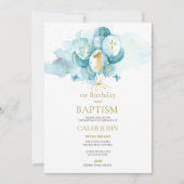 バプテスマと一歳の誕生日ブルーバルーン招待状 招待状 (正面)