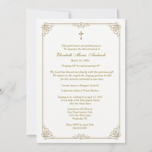 バプテスマと出産の発表エンジェルズリリー金ゴールド 招待状 (正面)