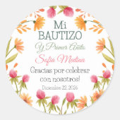 バプテスマと最初の誕生日かわいいピンクの花 ラウンドシール (正面)