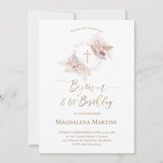 バプテスマと最初の誕生日ボホフラワーズ招待状 招待状 (正面)