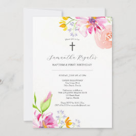 バプテスマと最初の誕生日招待状ピンクフローラ 招待状