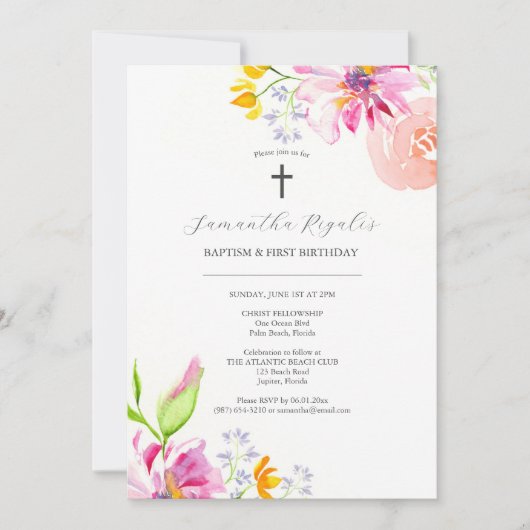 バプテスマと最初の誕生日招待状ピンクフローラ 招待状 (正面)