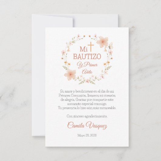 バプテスマと最初の誕生日水色ピンクの花 サンキューカード (正面)