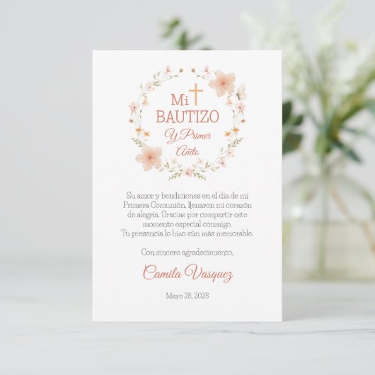 バプテスマと最初の誕生日水色ピンクの花 サンキューカード (スタンド正面)