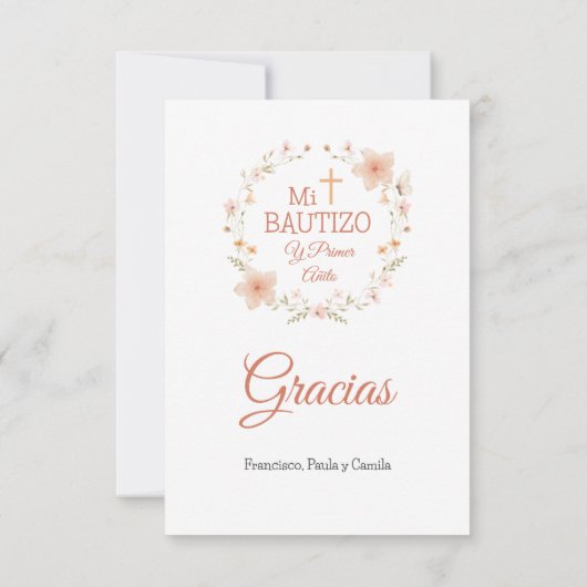 バプテスマと最初の誕生日水色ピンクの花 サンキューカード (裏面)