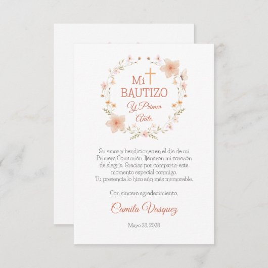 バプテスマと最初の誕生日水色ピンクの花 サンキューカード (正面/裏面)