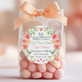 バプテスマと最初の誕生日水色ピンクの花 ラウンドシール