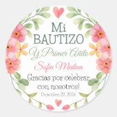 バプテスマと最初の誕生日水色ピンクの花 ラウンドシール (正面)