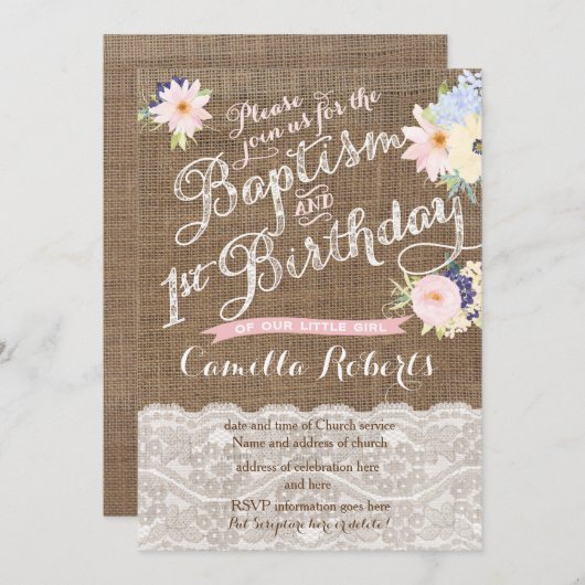 バプテスマと誕生日の招待状、1歳の誕生日 招待状 (正面/裏面)