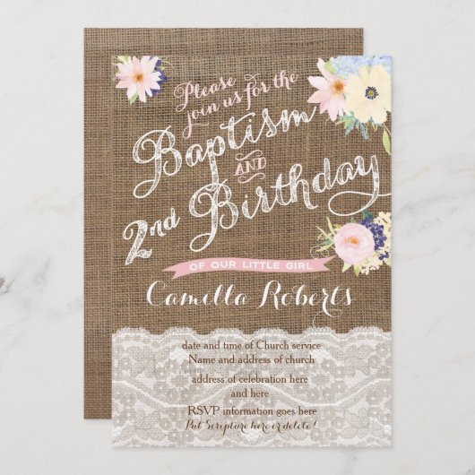 バプテスマと誕生日の招待状、2番目の誕生日 招待状 (正面/裏面)