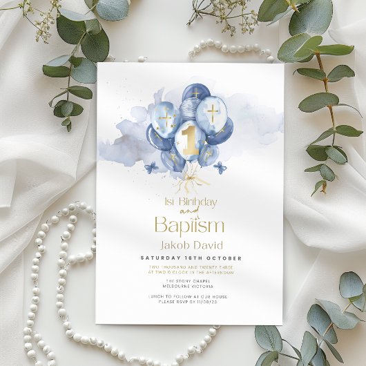 バプテスマと誕生日ネイビーバルーン招待状 招待状