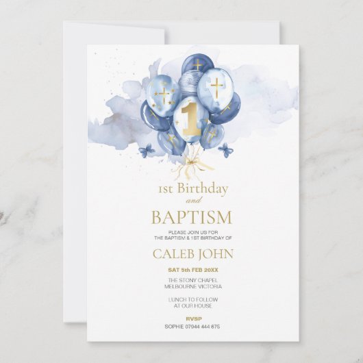 バプテスマと誕生日ネイビーバルーン招待状 招待状 (正面)