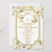 バプテスマと誕生日ホワイトフローラツインボーイガール 招待状 (正面)