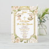 バプテスマと誕生日ホワイトフローラツインボーイガール 招待状 (スタンド正面)