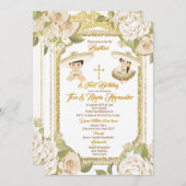 バプテスマと誕生日ホワイトフローラツインボーイガール 招待状 (正面/裏面)