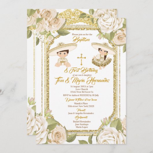 バプテスマと誕生日ホワイトフローラツインボーイガール 招待状 (正面/裏面)