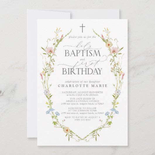 バプテスマと誕生日ワイルドフラワーの自然 招待状 (正面)