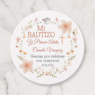 バプテスマと1歳の誕生日ピンクの花 Bautizo フェイバータグ