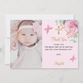 バプテスマのベビーガールピンクのバラの写真サンキューカード 招待状 (正面)