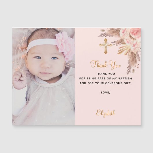 バプテスマのベビーガールピンクの感謝してい写真あなた磁石 マグネット招待状 (正面)