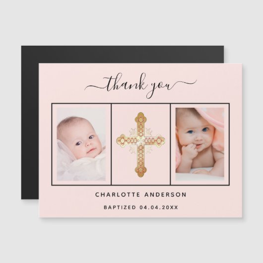 バプテスマのベビーガールピンクの感謝してい写真あなた磁石 マグネット招待状 (正面/裏面)