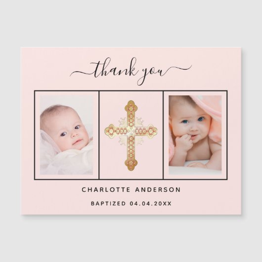 バプテスマのベビーガールピンクの感謝してい写真あなた磁石 マグネット招待状 (正面)