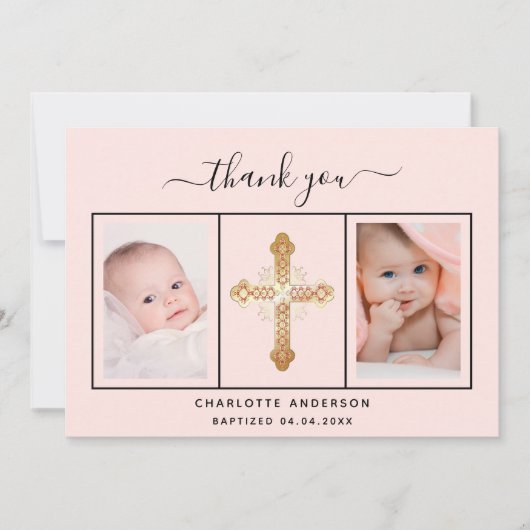バプテスマのベビーガール赤面ピンク写真サンキューカード 招待状 (正面)