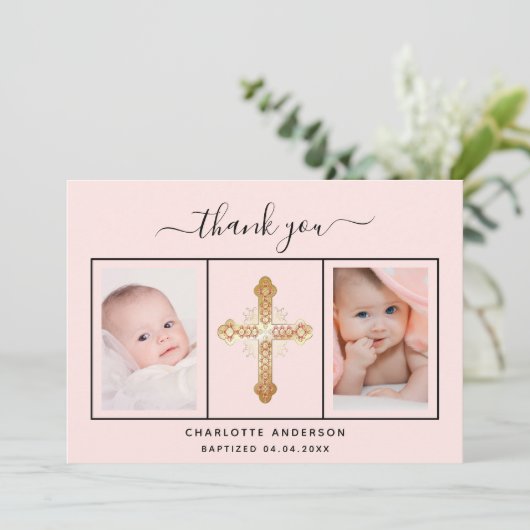 バプテスマのベビーガール赤面ピンク写真サンキューカード 招待状 (スタンド正面)