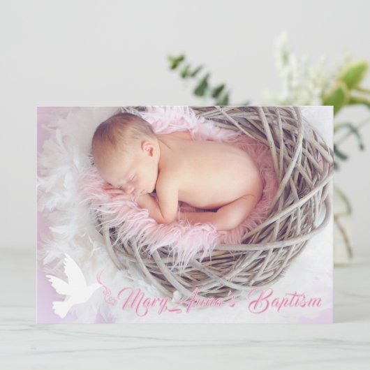 バプテスマのベビーガール鳩と写真招待カード 招待状 (スタンド正面)