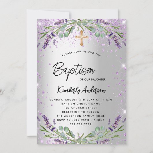バプテスマのラベンダーのシルバーバイオレットの輝エレガントき 招待状 (正面)