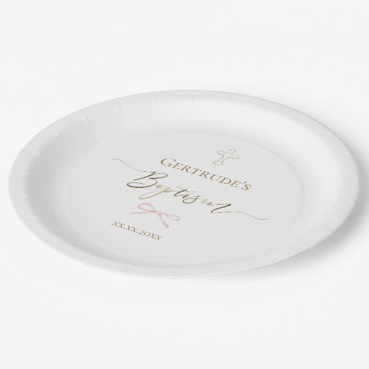 バプテスマの小ピンクの弓 ペーパープレート (アングル)