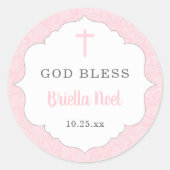 バプテスマの恩恵を受ける |ピンクダマスク赤ちゃん女の子 ラウンドシール (正面)