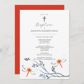 バプテスマの招待状神の親の名前レッドドラゴンフライ 招待状 (正面/裏面)