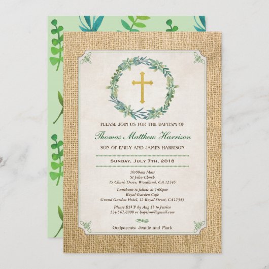 バプテスマの招待。グリーンリース素朴なラップ 招待状 (正面/裏面)