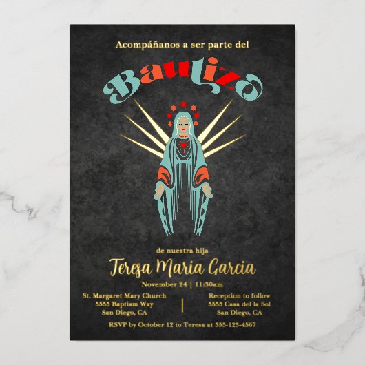 バプテスマの母マリアのためのバウティゾ乙女デ・グアダルーペ 箔招待状 (正面)
