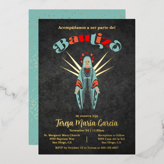 バプテスマの母マリアのためのバウティゾ乙女デ・グアダルーペ 箔招待状 (正面/裏面)