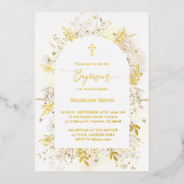 バプテスマの水色の白い黄色の花 箔招待状